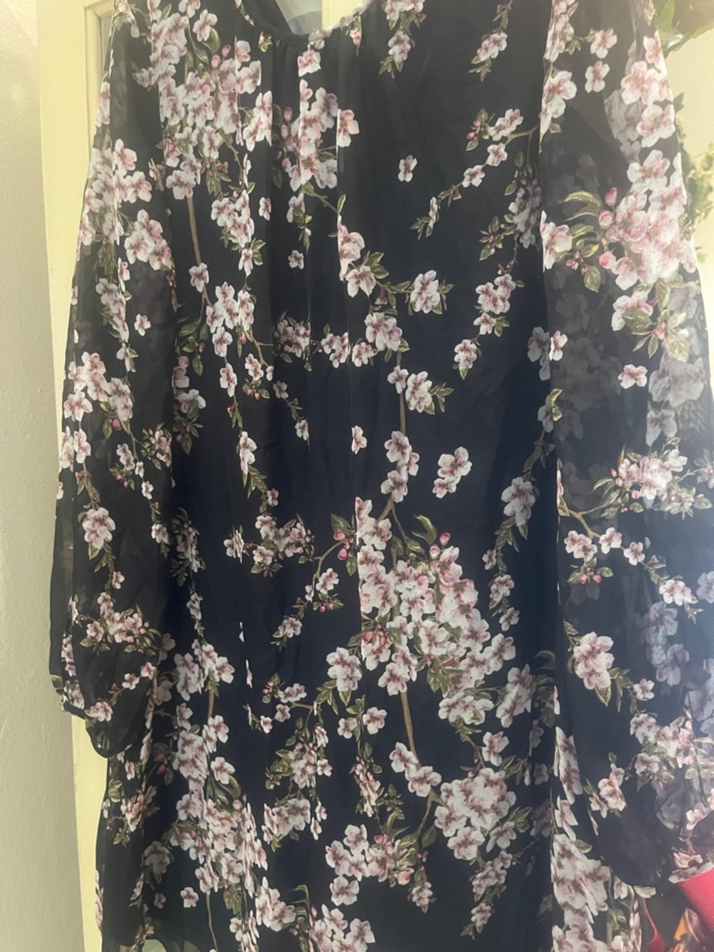 Black Floral Chiffon Blouse with Pink Blossoms